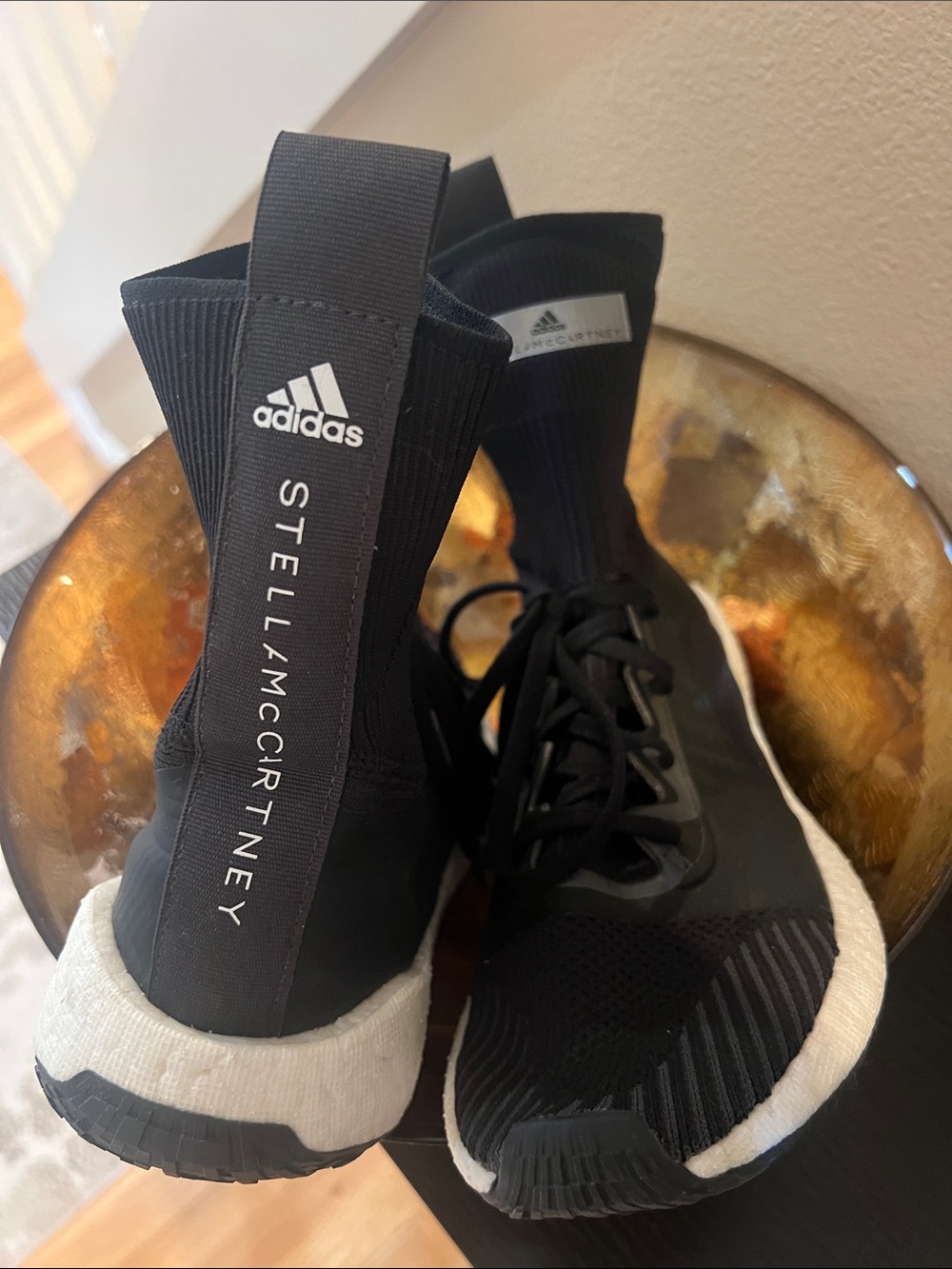 Adidas by Stella McCartney Black Sock-Style Athletic Sneakers with White Midsole